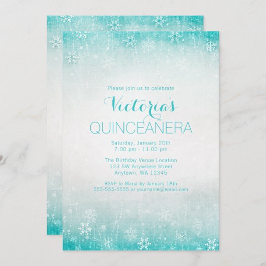  Blauwgroen winter Wonderland Quinceanera Invites Kaart (Voorkant / Achterkant)