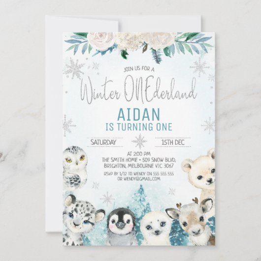 Blauwgroen winterdieren Winter Onederland Verjaard Kaart (Voorkant)