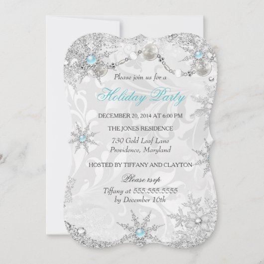 Blauwgroen winterwonderland Damask Holiday Party Kaart (Voorkant)