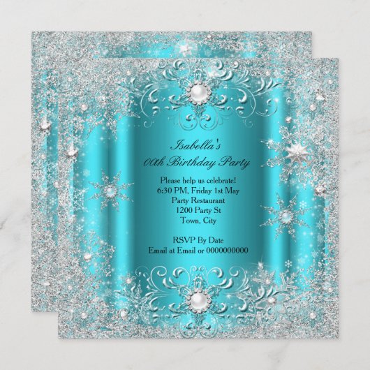 Blauwgroen winterWonderland Snowflakes Partij Kaart (Voorkant / Achterkant)