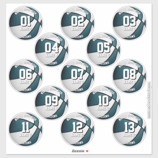 blauwgroen wit basketbal 13 teamleden namen sticker (Vel)