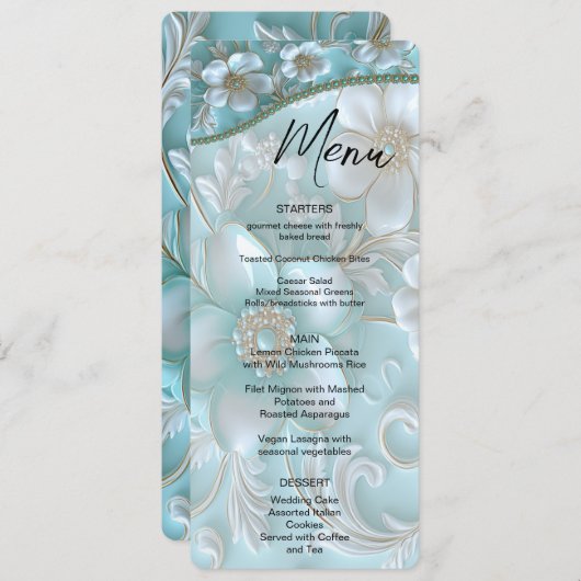 Blauwgroen wit bloemenmenu menu (Voorkant / Achterkant)