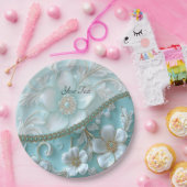 Blauwgroen wit bloemenpapier Bord (Feest)