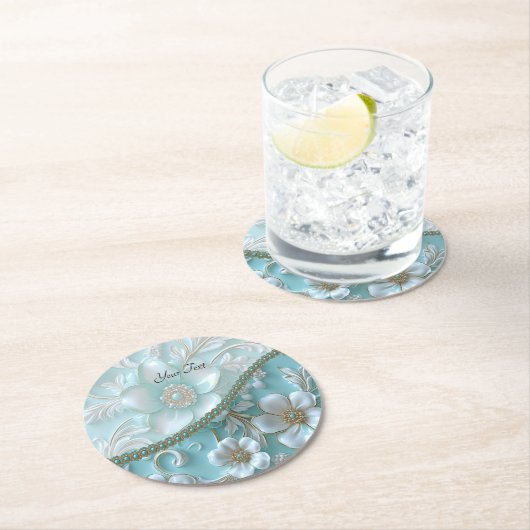 Blauwgroen wit bloemenpapier Onderzetter (Insitu)