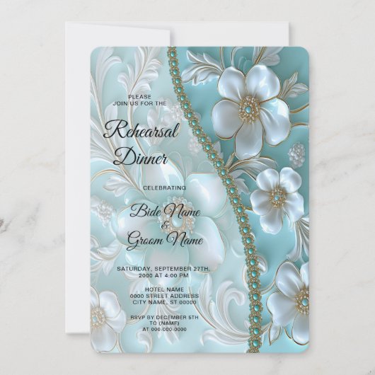 Blauwgroen wit bloemenrepetitiediner kaart (Voorkant)