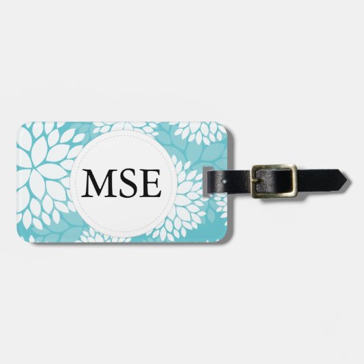 Blauwgroen wit bloemmotief bagagelabel (Voorkant horizontaal)