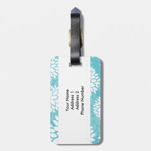 Blauwgroen wit bloemmotief bagagelabel (Achterkant verticaal)