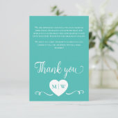 Blauwgroen Wit Bruiloft hart initialen Dank u Bedankkaart (Staand voorkant)