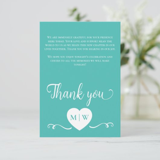 Blauwgroen Wit Bruiloft hart initialen Dank u Bedankkaart (Staand voorkant)