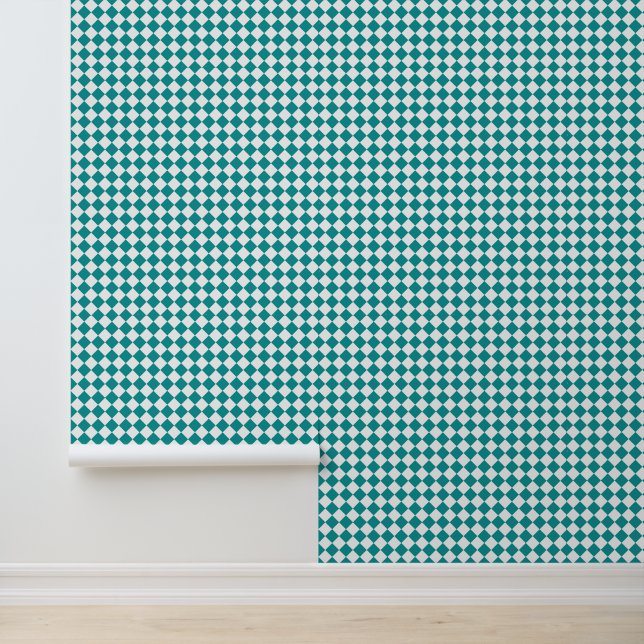 Blauwgroen wit checker diamantpatroon behang (Applicatie)