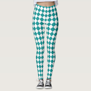 Blauwgroen wit checker diamantpatroon leggings