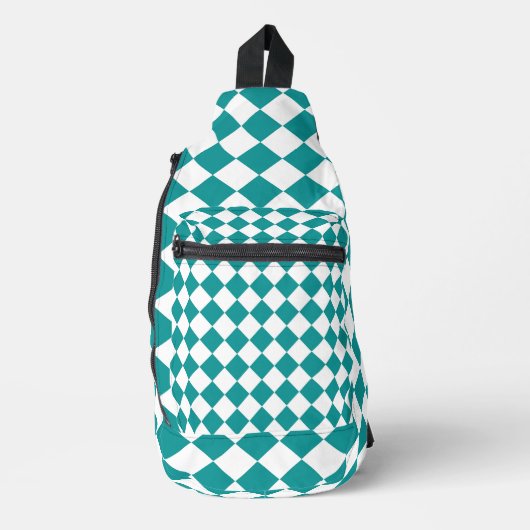 Blauwgroen wit checker diamantpatroon sling bag (Voorkant)