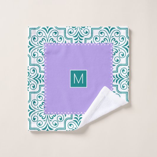 Blauwgroen wit damppatroon paarse gespleten randen bad handdoek (Wasdoekje)