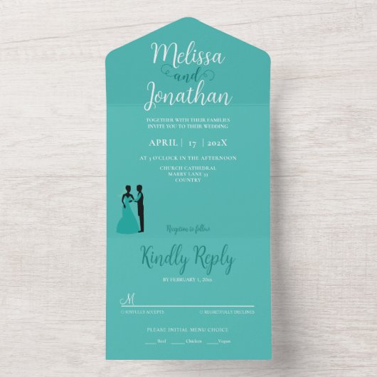 Blauwgroen Wit Elegant Bruiloft bruid en bruidegom All In One Uitnodiging (Binnen)
