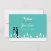 Blauwgroen Wit Elegant Bruiloft bruid en bruidegom RSVP Kaartje (Achterkant)