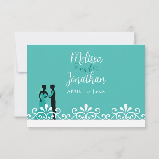 Blauwgroen Wit Elegant Bruiloft bruid en bruidegom RSVP Kaartje (Achterkant)