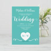 Blauwgroen Wit Elegant Bruiloft hart initialen Kaart (Staand voorkant)