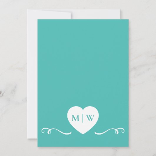 Blauwgroen Wit Elegant Bruiloft hart initialen Kaart (Achterkant)