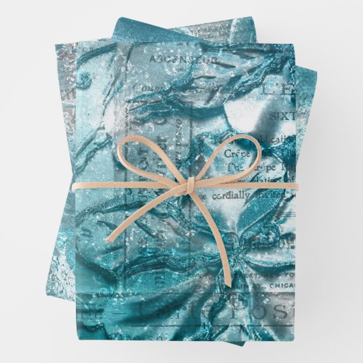 Blauwgroen wit flessenpatroon Glitter Sparkle Inpakpapier Vel (In situ)