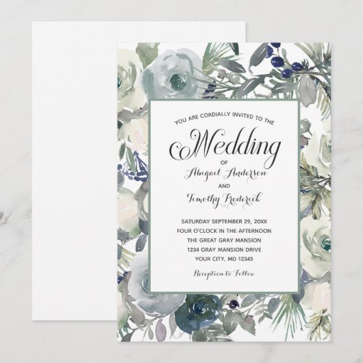 Blauwgroen wit Floral Elegant Formal Wedding Kaart (Voorkant / Achterkant)