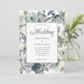Blauwgroen wit Floral Elegant Formal Wedding Kaart (Staand voorkant)
