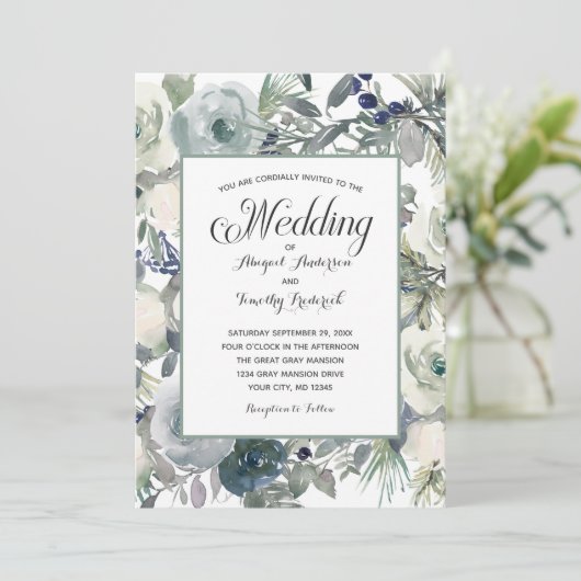 Blauwgroen wit Floral Elegant Formal Wedding Kaart (Staand voorkant)