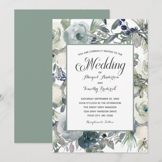 Blauwgroen wit Floral Elegant Formal Wedding Kaart (Voorkant / Achterkant)