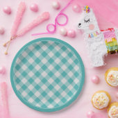 Blauwgroen/wit Gingham Controleert Patroon Eenvoud Papieren Bordje (Feest)