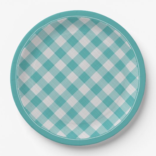 Blauwgroen/wit Gingham Controleert Patroon Eenvoud Papieren Bordje (Voorkant)