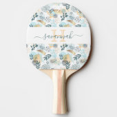 Blauwgroen wit goud botanisch monogram elegant tafeltennisbatje (Achterkant)