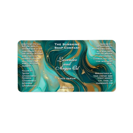 Blauwgroen Wit Goud Marmeren Cosmetica Dropper Fle Etiket (Voorkant)