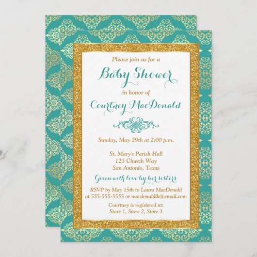 Blauwgroen, Wit, Gouden FAUX Glitter Baby shower u Kaart (Voorkant / Achterkant)