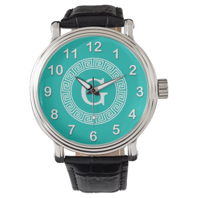 Blauwgroen wit grieks sleutel rond Lijst Initiaal  Horloge (Voorkant)