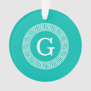 Blauwgroen wit grieks sleutel rond Lijst Initiaal  Ornament