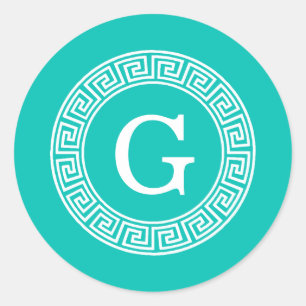 Blauwgroen wit grieks sleutel rond Lijst Initiaal  Ronde Sticker