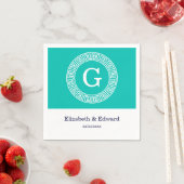 Blauwgroen wit grieks sleutel rond Lijst Initiaal Servet (Insitu)