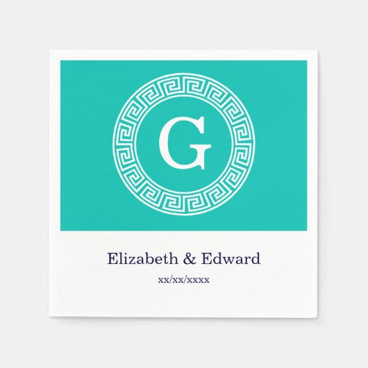 Blauwgroen wit grieks sleutel rond Lijst Initiaal Servet (Voorkant)