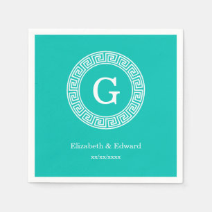 Blauwgroen wit grieks sleutel rond Lijst Initiaal Servetten