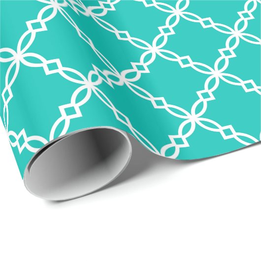 Blauwgroen wit groot Fancy Quatrefoliepatroon Cadeaupapier (Rol Hoek)