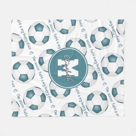 blauwgroen wit Het voetbalveld is mijn gelukkige p Fleece Deken (Voorkant (Horizontaal))