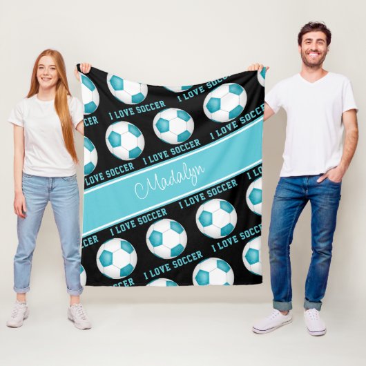 blauwgroen wit Ik hou van tekstpatroon voetbal Fleece Deken (In situ)