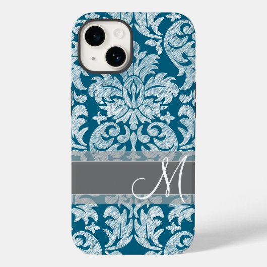 Blauwgroen wit kleurenbord Damask Patroon Case-Mate iPhone Case (Achterkant)
