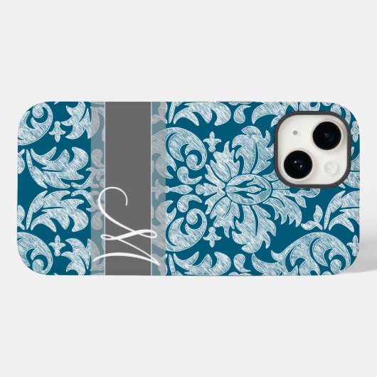 Blauwgroen wit kleurenbord Damask Patroon Case-Mate iPhone Case (Achterkant (horizontaal))