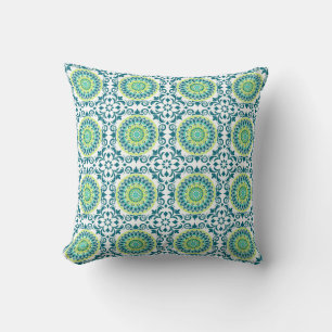 Blauwgroen wit Mandala Patroon Omkeerbare Boho Kussen