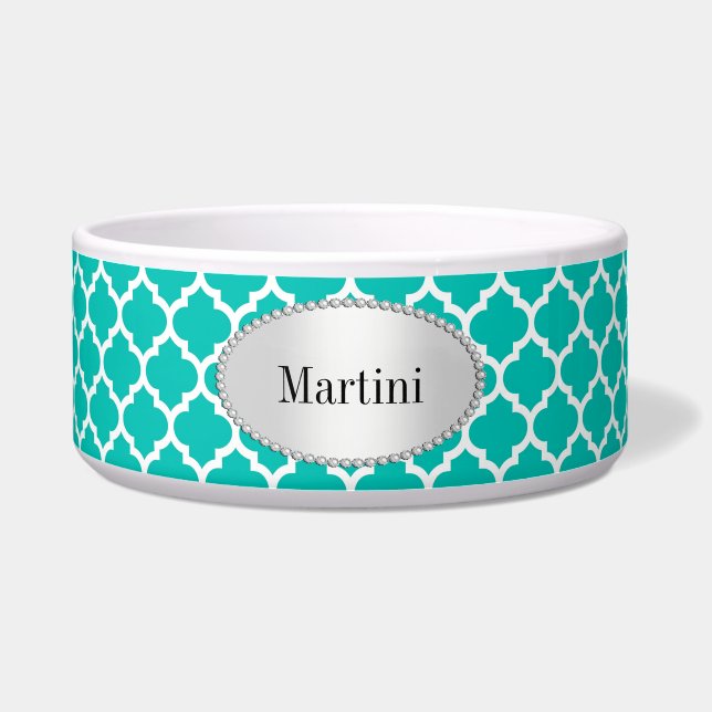 Blauwgroen wit Marokkaans Quatrefoliepatroon #5 Voerbakje (Voorkant)