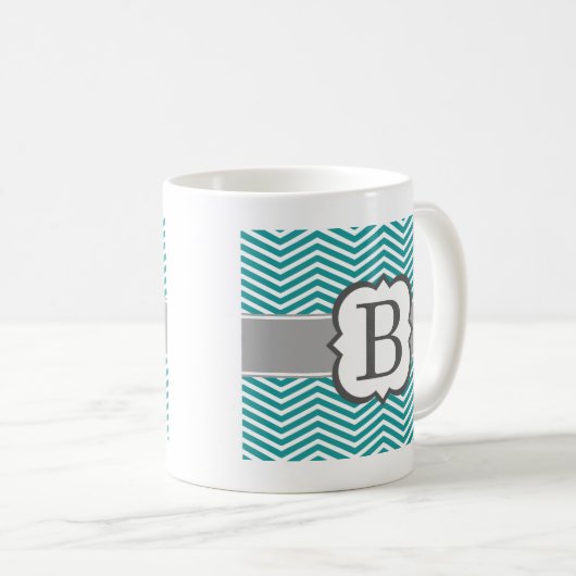 Blauwgroen wit monogram letter B Chevron Koffiemok (Voorkant rechts)