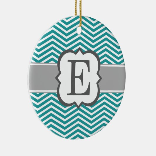 Blauwgroen wit monogram letter E Chevron Keramisch Ornament (Rechts)