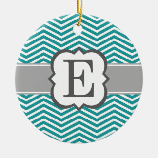 Blauwgroen wit monogram letter E Chevron Keramisch Ornament