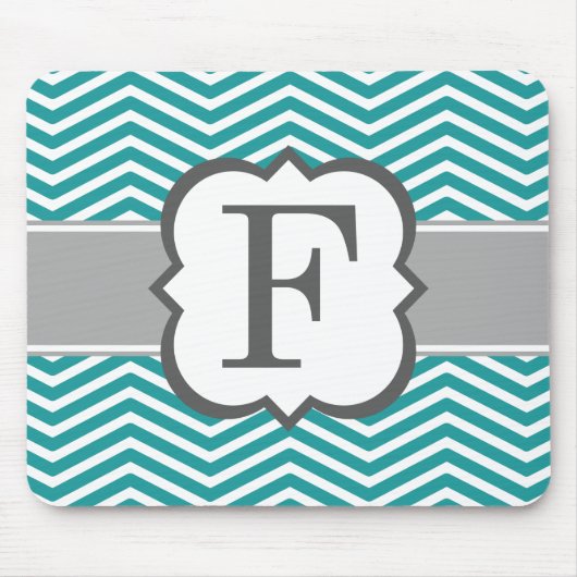 Blauwgroen wit monogram Letter F Chevron Muismat (Voorkant)