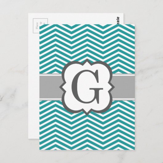 Blauwgroen wit monogram Letter G Chevron Briefkaart (Voorkant / Achterkant)